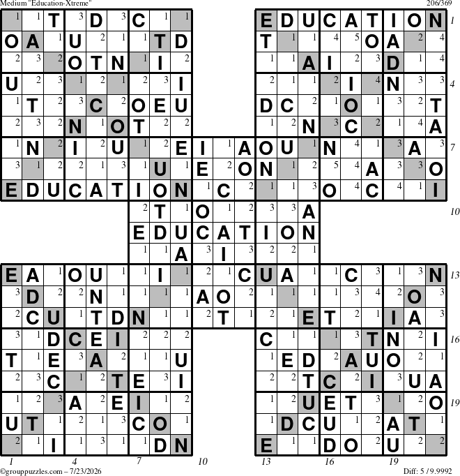 The grouppuzzles.com Medium Education-Xtreme puzzle for Thursday July 23, 2026, suitable for printing, with all 5 steps marked