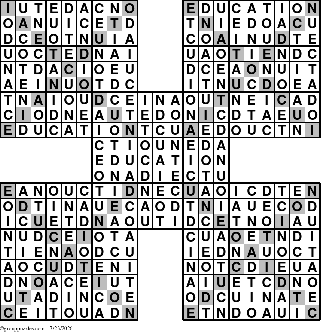 The grouppuzzles.com Answer grid for the Education-Xtreme puzzle for Thursday July 23, 2026