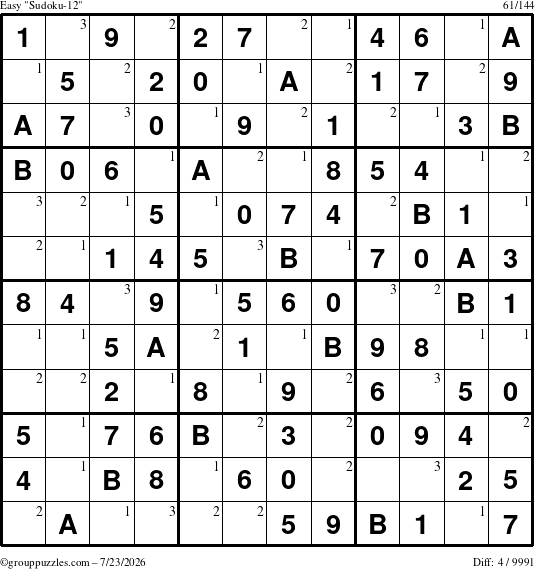 The grouppuzzles.com Easy Sudoku-12 puzzle for Thursday July 23, 2026 with the first 3 steps marked