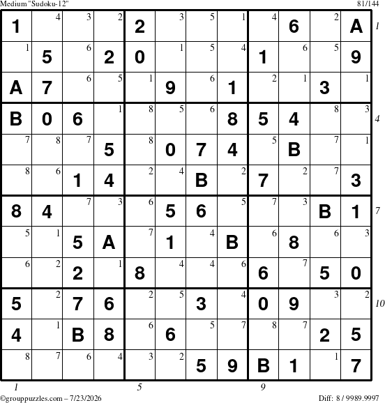 The grouppuzzles.com Medium Sudoku-12 puzzle for Thursday July 23, 2026, suitable for printing, with all 8 steps marked