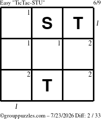 The grouppuzzles.com Easy TicTac-STU puzzle for Thursday July 23, 2026, suitable for printing, with all 2 steps marked