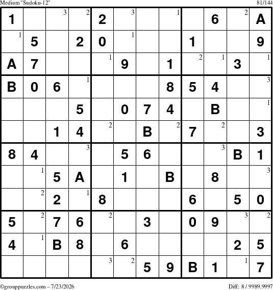 The grouppuzzles.com Medium Sudoku-12 puzzle for Thursday July 23, 2026 with the first 3 steps marked