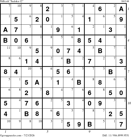 The grouppuzzles.com Difficult Sudoku-12 puzzle for Thursday July 23, 2026 with all 11 steps marked