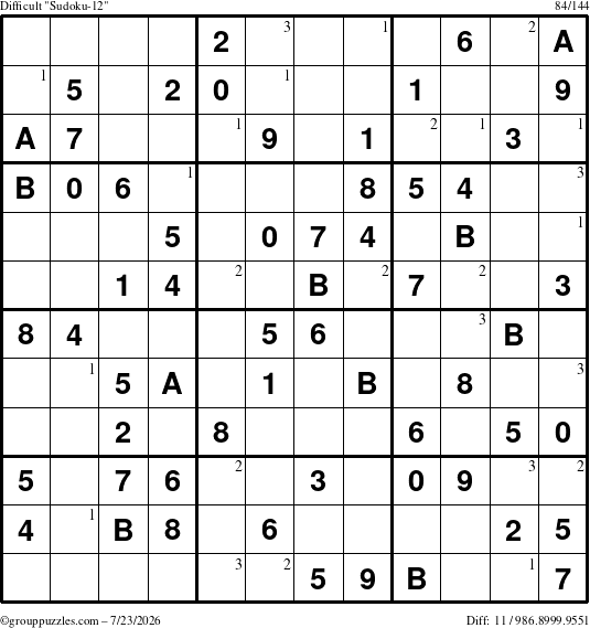 The grouppuzzles.com Difficult Sudoku-12 puzzle for Thursday July 23, 2026 with the first 3 steps marked