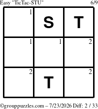 The grouppuzzles.com Easy TicTac-STU puzzle for Thursday July 23, 2026 with the first 2 steps marked