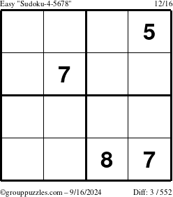 The grouppuzzles.com Easy Sudoku-4-5678 puzzle for Monday September 16, 2024