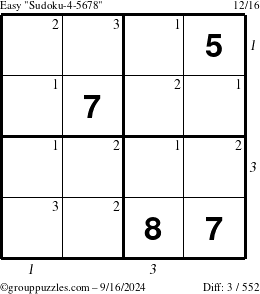 The grouppuzzles.com Easy Sudoku-4-5678 puzzle for Monday September 16, 2024, suitable for printing, with all 3 steps marked