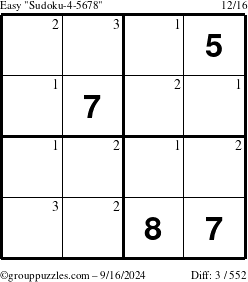 The grouppuzzles.com Easy Sudoku-4-5678 puzzle for Monday September 16, 2024 with the first 3 steps marked