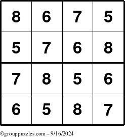 The grouppuzzles.com Answer grid for the Sudoku-4-5678 puzzle for Monday September 16, 2024