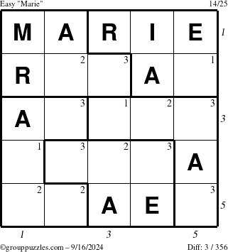 The grouppuzzles.com Easy Marie puzzle for Monday September 16, 2024 with all 3 steps marked