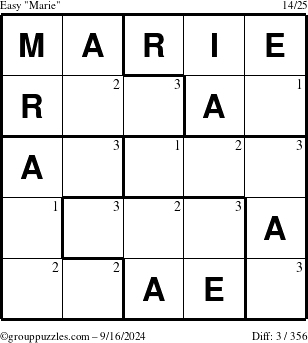 The grouppuzzles.com Easy Marie puzzle for Monday September 16, 2024 with the first 3 steps marked