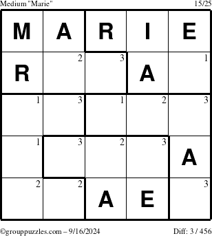 The grouppuzzles.com Medium Marie puzzle for Monday September 16, 2024 with the first 3 steps marked