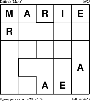 The grouppuzzles.com Difficult Marie puzzle for Monday September 16, 2024