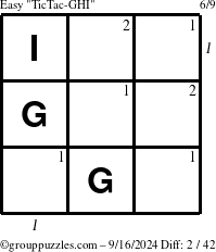 The grouppuzzles.com Easy TicTac-GHI puzzle for Monday September 16, 2024, suitable for printing, with all 2 steps marked