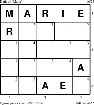 The grouppuzzles.com Difficult Marie puzzle for Monday September 16, 2024 with all 4 steps marked