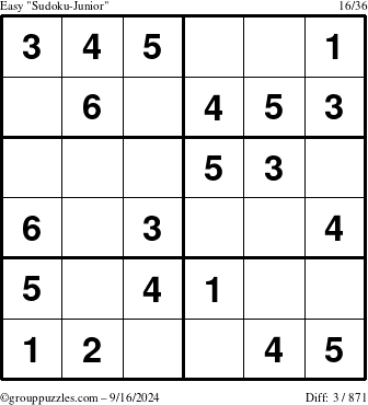 The grouppuzzles.com Easy Sudoku-Junior puzzle for Monday September 16, 2024