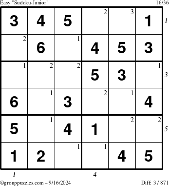 The grouppuzzles.com Easy Sudoku-Junior puzzle for Monday September 16, 2024 with all 3 steps marked