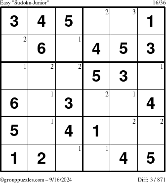 The grouppuzzles.com Easy Sudoku-Junior puzzle for Monday September 16, 2024 with the first 3 steps marked