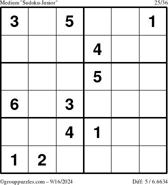 The grouppuzzles.com Medium Sudoku-Junior puzzle for Monday September 16, 2024