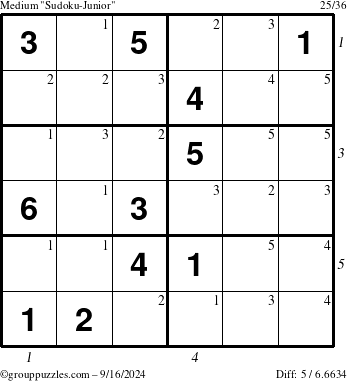 The grouppuzzles.com Medium Sudoku-Junior puzzle for Monday September 16, 2024, suitable for printing, with all 5 steps marked