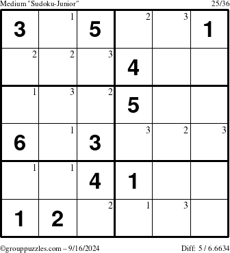 The grouppuzzles.com Medium Sudoku-Junior puzzle for Monday September 16, 2024 with the first 3 steps marked