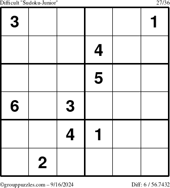 The grouppuzzles.com Difficult Sudoku-Junior puzzle for Monday September 16, 2024