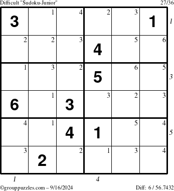 The grouppuzzles.com Difficult Sudoku-Junior puzzle for Monday September 16, 2024 with all 6 steps marked