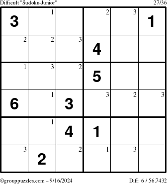 The grouppuzzles.com Difficult Sudoku-Junior puzzle for Monday September 16, 2024 with the first 3 steps marked