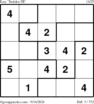 The grouppuzzles.com Easy Sudoku-5B puzzle for Monday September 16, 2024