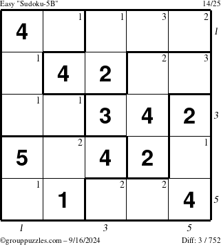 The grouppuzzles.com Easy Sudoku-5B puzzle for Monday September 16, 2024 with all 3 steps marked