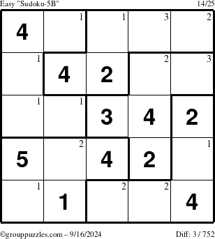 The grouppuzzles.com Easy Sudoku-5B puzzle for Monday September 16, 2024 with the first 3 steps marked