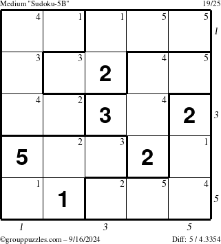 The grouppuzzles.com Medium Sudoku-5B puzzle for Monday September 16, 2024 with all 5 steps marked