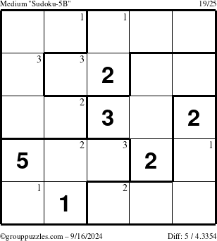 The grouppuzzles.com Medium Sudoku-5B puzzle for Monday September 16, 2024 with the first 3 steps marked