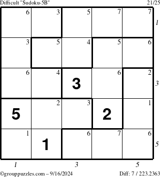 The grouppuzzles.com Difficult Sudoku-5B puzzle for Monday September 16, 2024 with all 7 steps marked