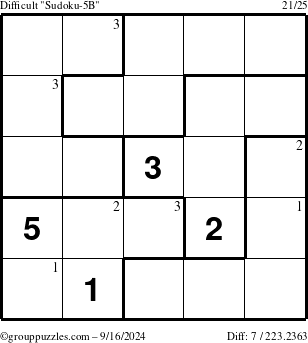 The grouppuzzles.com Difficult Sudoku-5B puzzle for Monday September 16, 2024 with the first 3 steps marked