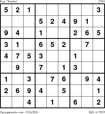 The grouppuzzles.com Easy Sudoku puzzle for Monday September 16, 2024