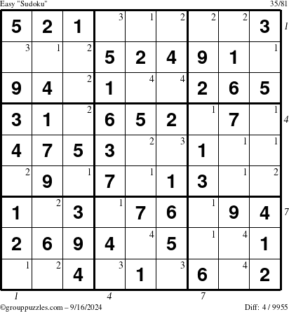 The grouppuzzles.com Easy Sudoku puzzle for Monday September 16, 2024 with all 4 steps marked