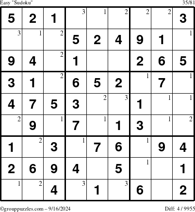 The grouppuzzles.com Easy Sudoku puzzle for Monday September 16, 2024 with the first 3 steps marked