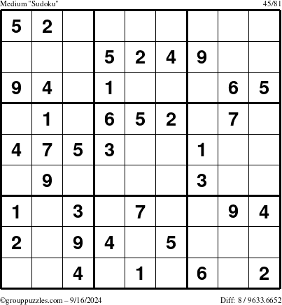 The grouppuzzles.com Medium Sudoku puzzle for Monday September 16, 2024