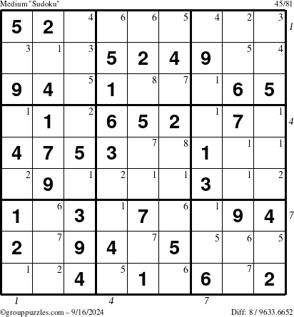 The grouppuzzles.com Medium Sudoku puzzle for Monday September 16, 2024 with all 8 steps marked