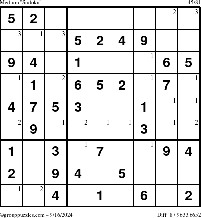 The grouppuzzles.com Medium Sudoku puzzle for Monday September 16, 2024 with the first 3 steps marked