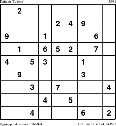 The grouppuzzles.com Difficult Sudoku puzzle for Monday September 16, 2024