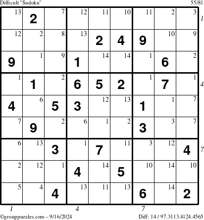 The grouppuzzles.com Difficult Sudoku puzzle for Monday September 16, 2024, suitable for printing, with all 14 steps marked