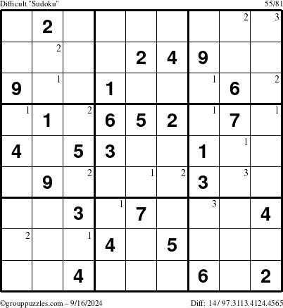 The grouppuzzles.com Difficult Sudoku puzzle for Monday September 16, 2024 with the first 3 steps marked