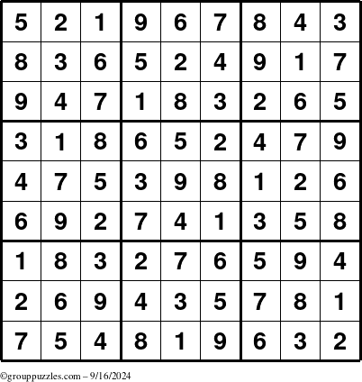 The grouppuzzles.com Answer grid for the Sudoku puzzle for Monday September 16, 2024