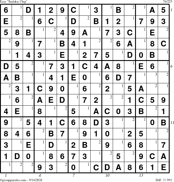 The grouppuzzles.com Easy Sudoku-15up puzzle for Monday September 16, 2024 with all 3 steps marked