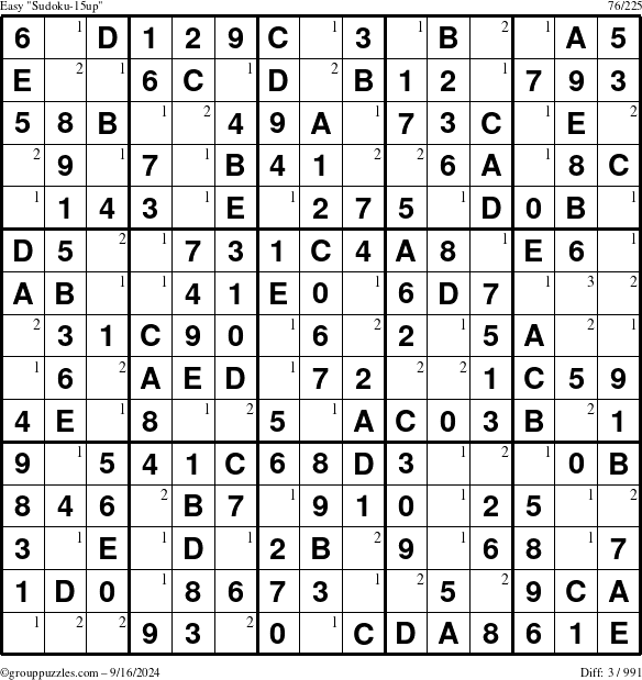 The grouppuzzles.com Easy Sudoku-15up puzzle for Monday September 16, 2024 with the first 3 steps marked