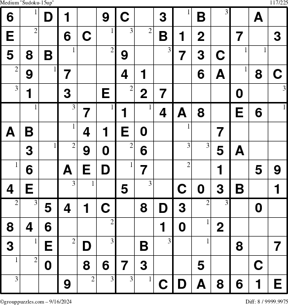 The grouppuzzles.com Medium Sudoku-15up puzzle for Monday September 16, 2024 with the first 3 steps marked