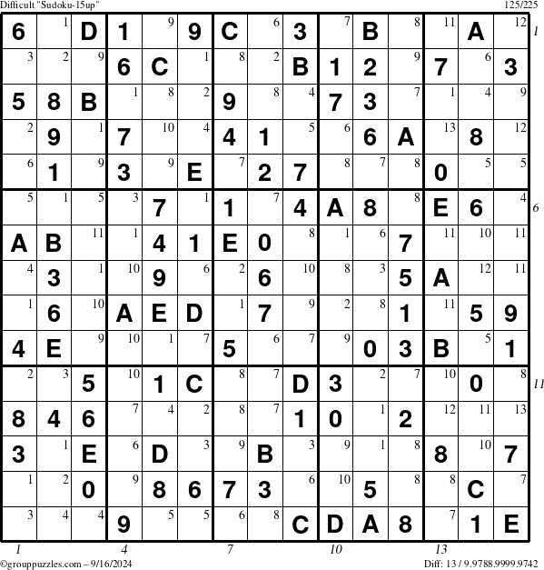 The grouppuzzles.com Difficult Sudoku-15up puzzle for Monday September 16, 2024 with all 13 steps marked