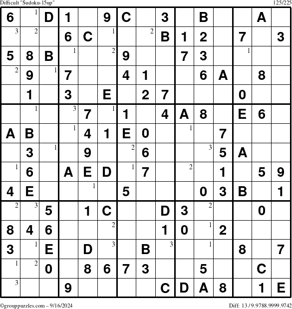 The grouppuzzles.com Difficult Sudoku-15up puzzle for Monday September 16, 2024 with the first 3 steps marked